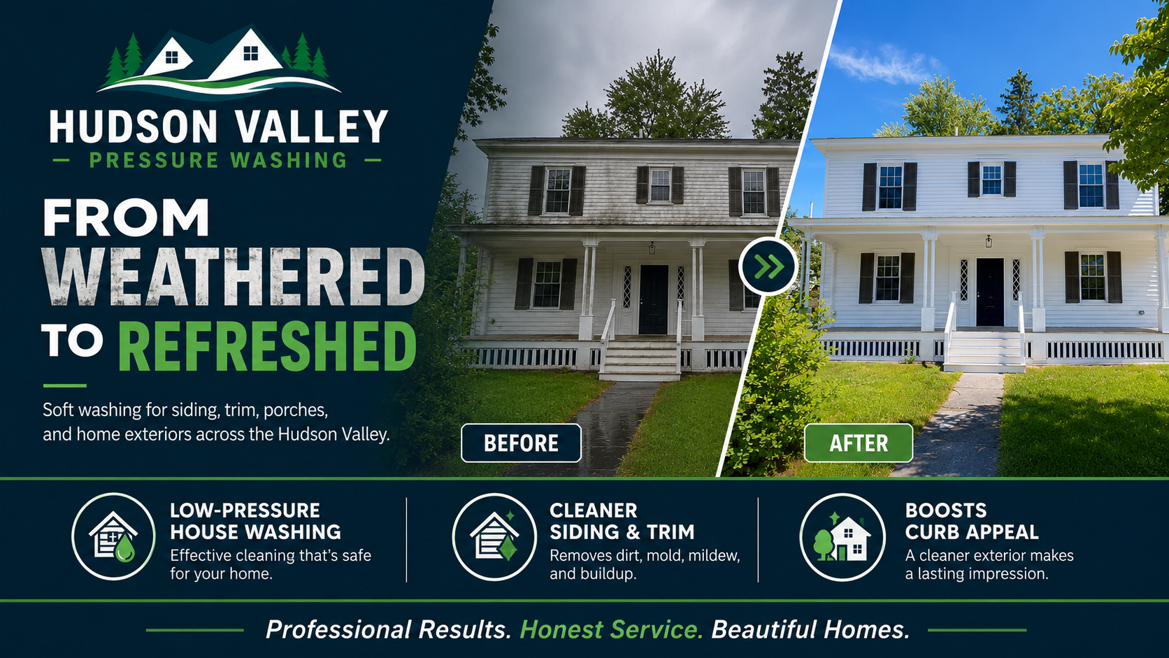 Hudson Valley Pressure Washing from weathered to refreshed before and after exterior house washing